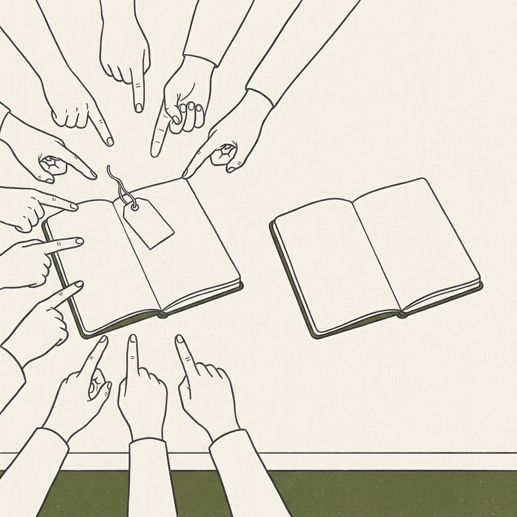 Yan yana iki açık defter; etiket takılı olanı bir halka halinde işaret eden eller sarmış, etiketsiz olana kimse bakmıyor.
