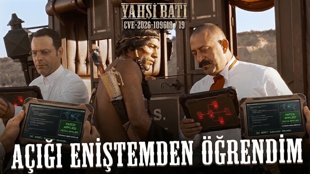 Yahşi Batı filminden bir kare: Aziz ve Lemi, ellerinde PATCH APPLIED yazan tabletlerle. Üstte CVE-2026-109618 / 19 numaraları, altta yazının başlığı.